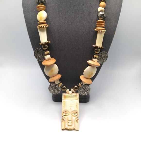 Artisan Tribal Pendant Beaded Necklace, Hand Carved Pendant, 26 Inches - Picture 7 of 9